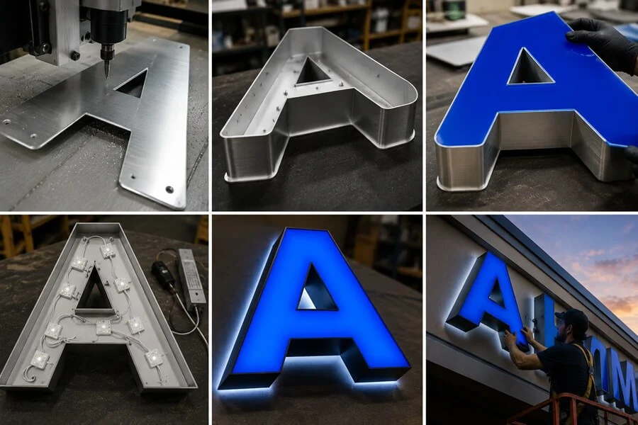 A collage of the channel letter creation process.